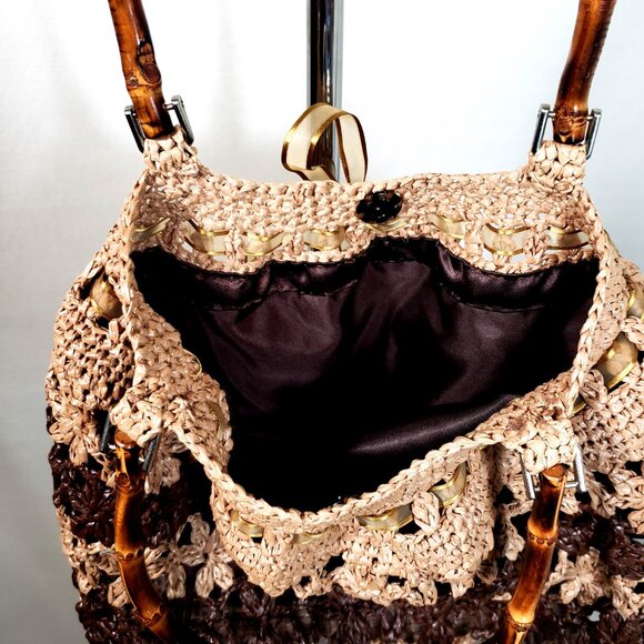 Vintage Woven Straw Rattan purse, Cottagecore Boho bow bamboo handle W/ wallet - Picture 2 of 9